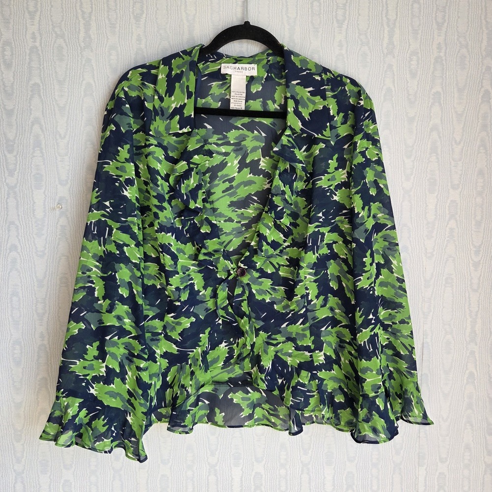 Sag Harbor Woman 18 Sheer Ruffle Cardigan Abstract Art To Wear Navy Green Career